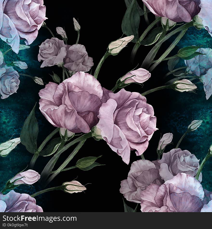 Eustoma - flowers and buds. Collage of flowers, leaves and buds