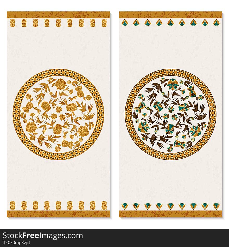 Set with two cards with floral gold vintage ornament in a circle. design for print, covers, invitations