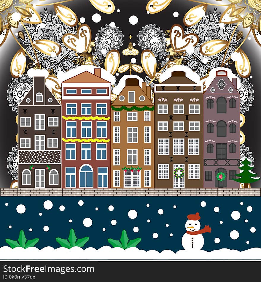 Raster illustration. Winter village night Christmas background. Raster illustration. Winter village night Christmas background.