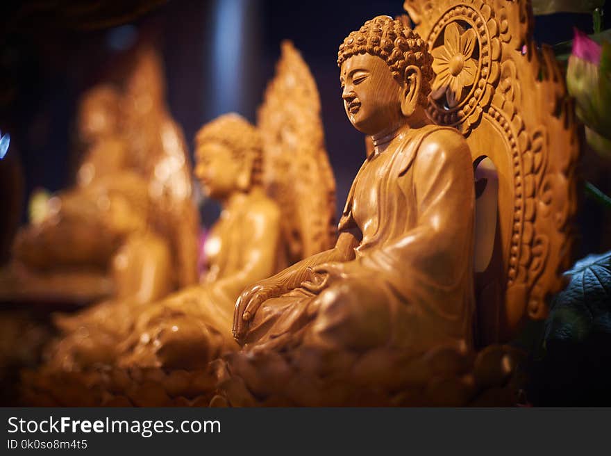 Several wooden carved buddha statues in the buddhist temple