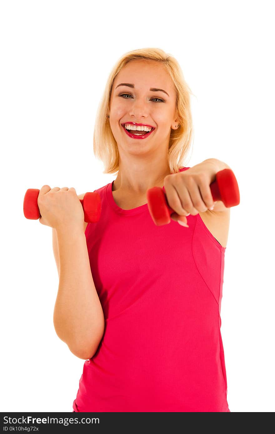 Active sporty woman works out with dumbbells isolated over white