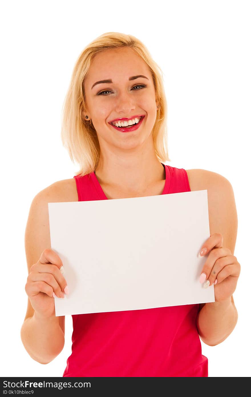 Active sporty woman holds white banner with copy space for additional text or graphic isolated over white background
