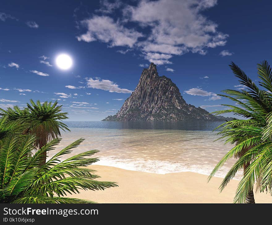 Tropical landscape, beach with palm trees at sunset, sun over water, island in the ocean at sunrise