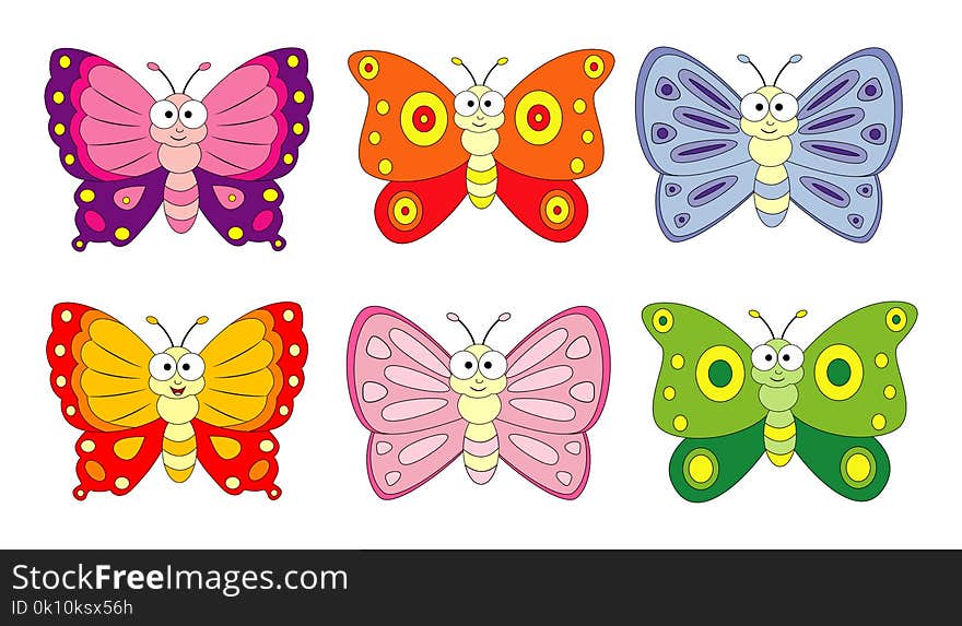 Set of 6 cartoon butterfly. Vector illustration isolation on white background.