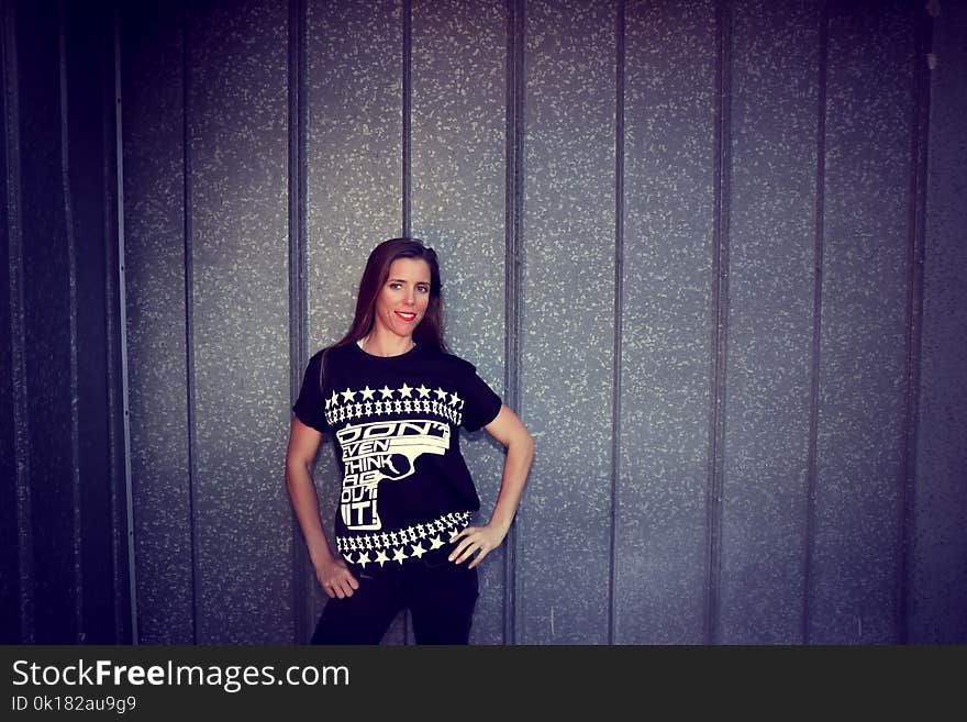 Woman Wearing Black Crew-neck T-shirt