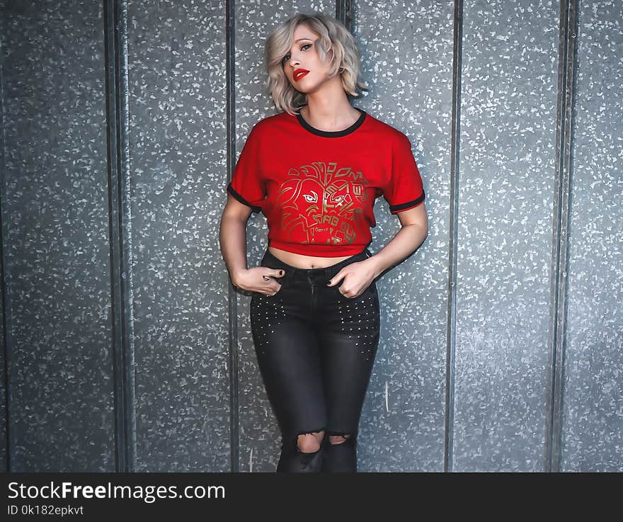 Woman in Red Crew-neck T-shirt