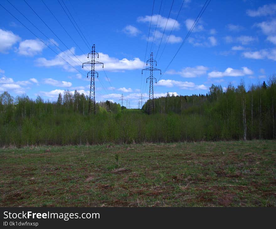 Grassland, Overhead Power Line, Sky, Ecosystem