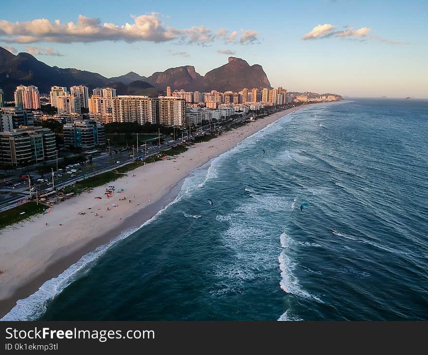 Aerial View Of Barra Da Tijuca Beach During Sunset, Golden Light