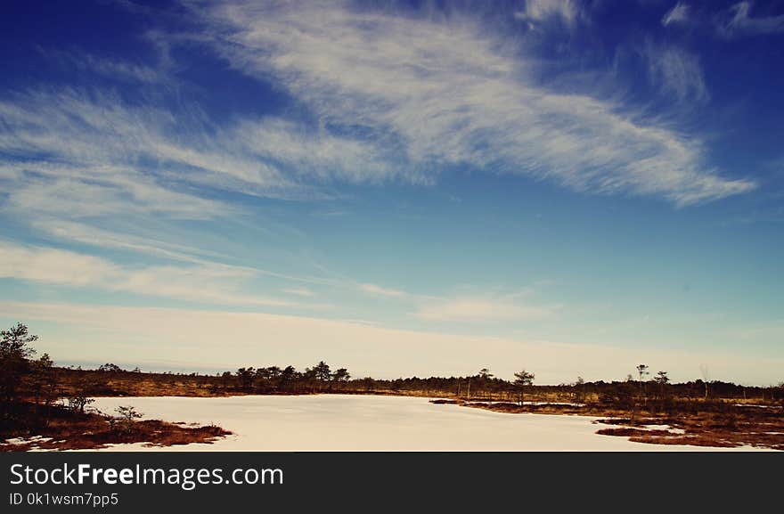 Body of Water Near Trees Under Blue and White Skies