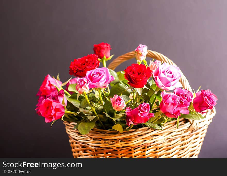 Beautiful Bouquet Of Roses In A Basket.