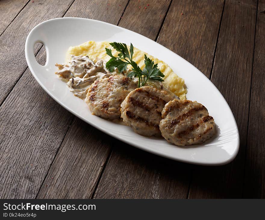 Restaurant dish. Cutlets and mashed potatoes.