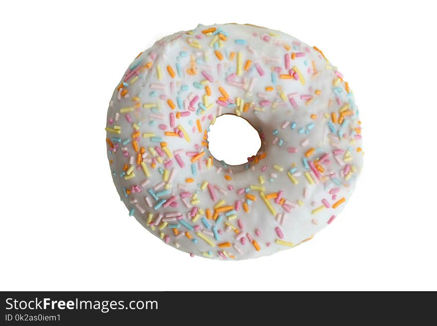 One beautiful donut with white icing isolated on white background.