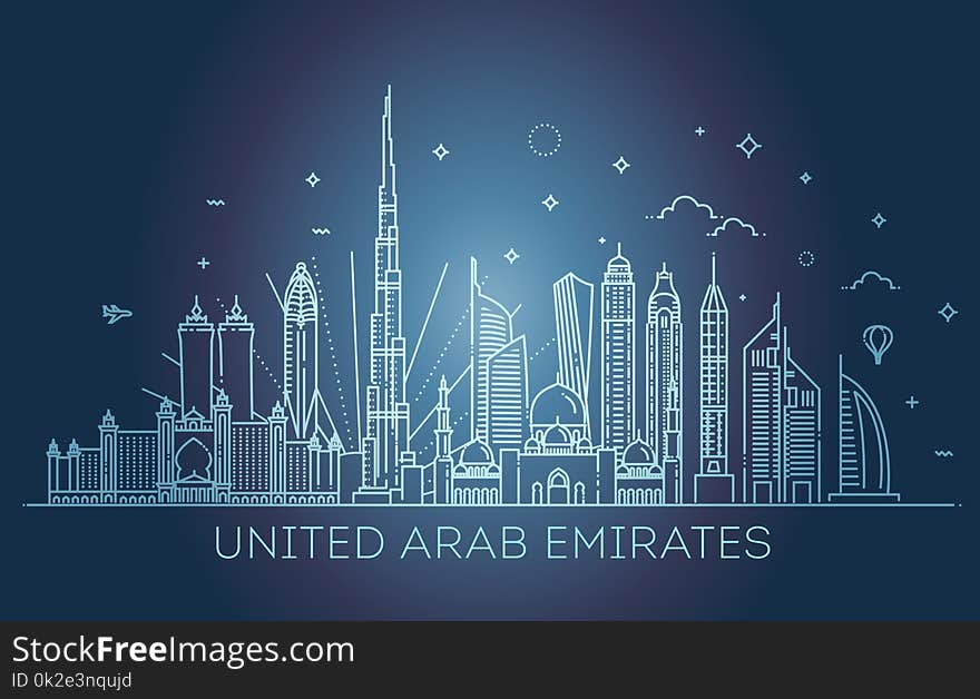 United Arab Emirates skyline with panorama in sky background. Vector Illustration. Business travel and tourism concept with modern buildings. Image for banner or web site. United Arab Emirates skyline with panorama in sky background. Vector Illustration. Business travel and tourism concept with modern buildings. Image for banner or web site.