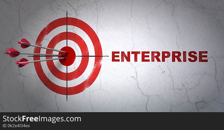 Success finance concept: arrows hitting the center of target, Red Enterprise on wall background, 3D rendering. Success finance concept: arrows hitting the center of target, Red Enterprise on wall background, 3D rendering