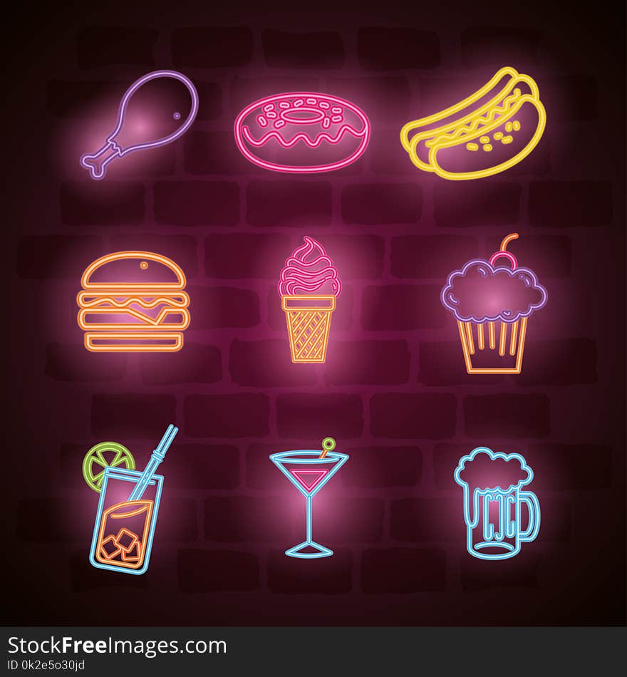 Fast Food And Drinks With Neon Lights Icons