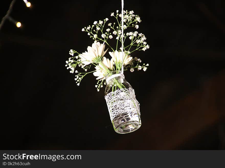 Photo of White Flowesr on Clear Glass Bottle