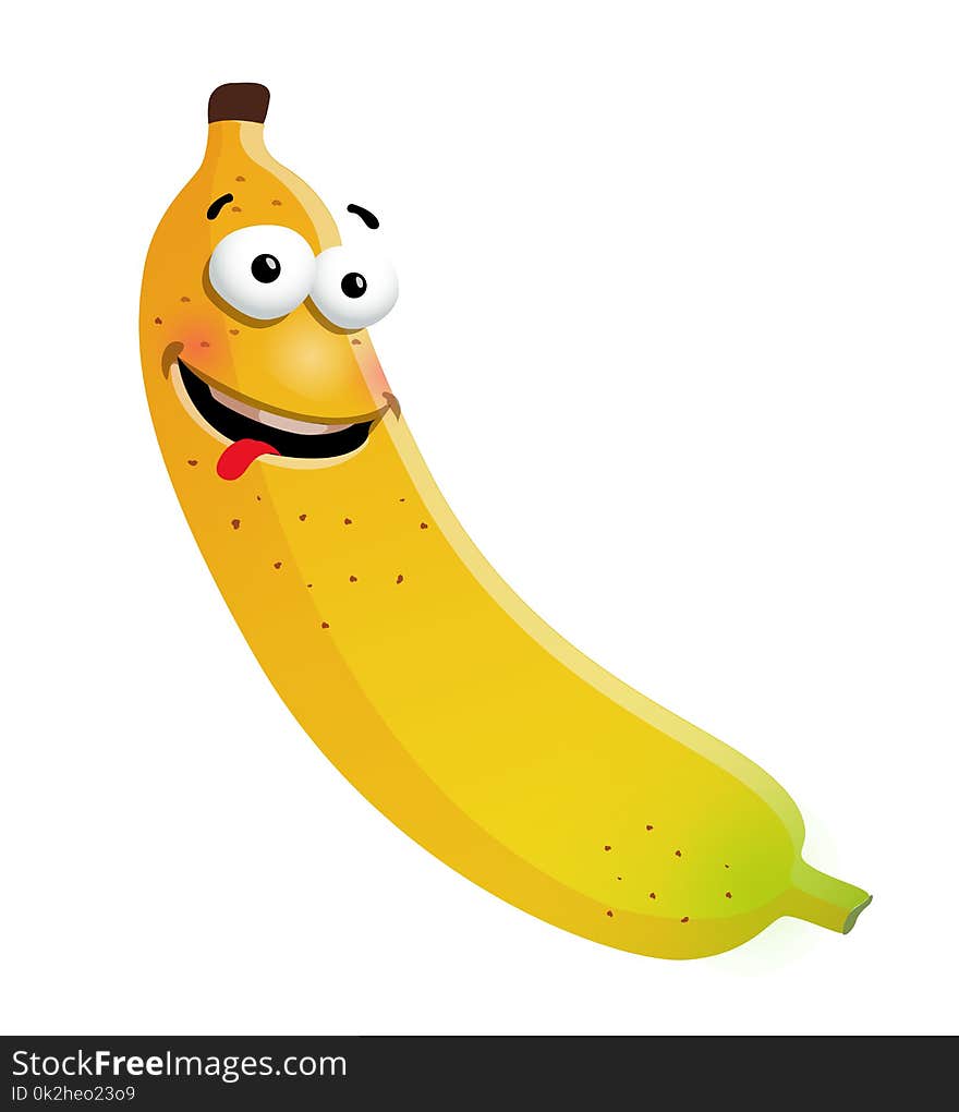 Fun cute banana cartoon character. Vector illustration, isolated, clip-art on a white background