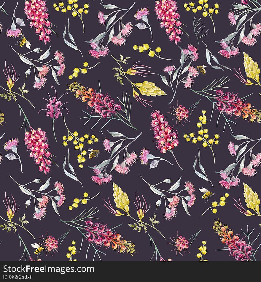 Beautiful seamless pattern with watercolor australian tropical grevillea flowers. Beautiful seamless pattern with watercolor australian tropical grevillea flowers