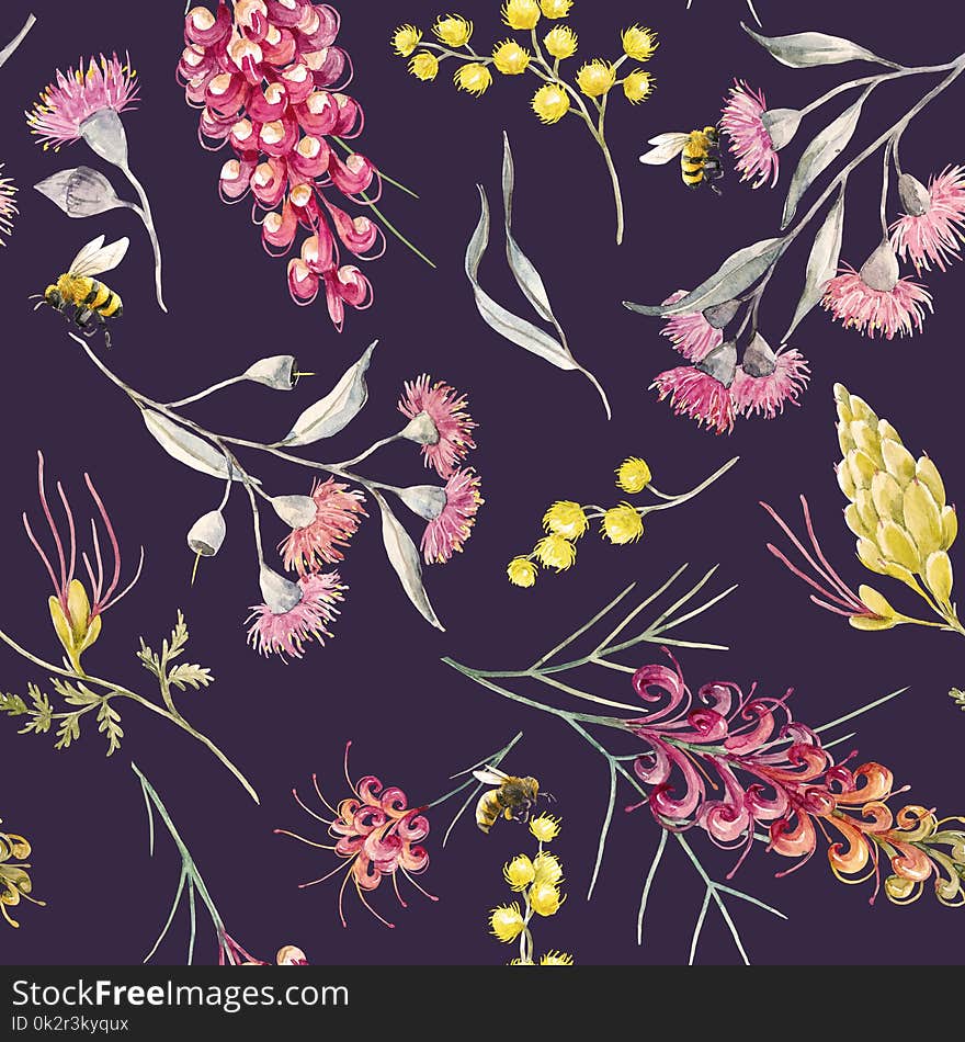 Beautiful seamless pattern with watercolor australian tropical grevillea flowers. Beautiful seamless pattern with watercolor australian tropical grevillea flowers