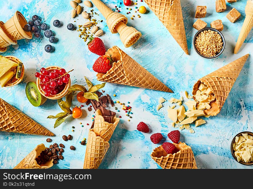 Wafer Cones With Fruits And Sweet Ingredients