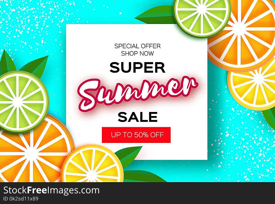 Lemon, lime, orange. Citrus Super Summer Sale Banner in paper cut style. Origami juicy ripe slices. Leaves. Healthy food