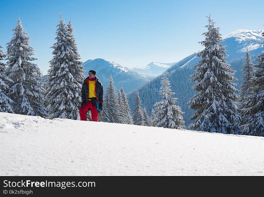 Dreaming adventurer is standing in the winter mountains