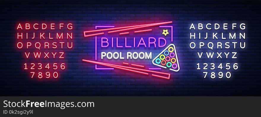 Billiard club neon sign. Billiard pool room Design template Bright neon emblem, logo for Billiard Club, Bar, Tournament. Light banner, night sign. Vector Illustrations. Editing text neon sign.