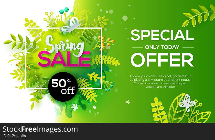 Flyer for sale with the decor of floral. Design horiznotal Web offer with a flowers for advertising and discount. Green paper cart ut out leaves. Seasonal banner template for print or web. Vector. Flyer for sale with the decor of floral. Design horiznotal Web offer with a flowers for advertising and discount. Green paper cart ut out leaves. Seasonal banner template for print or web. Vector