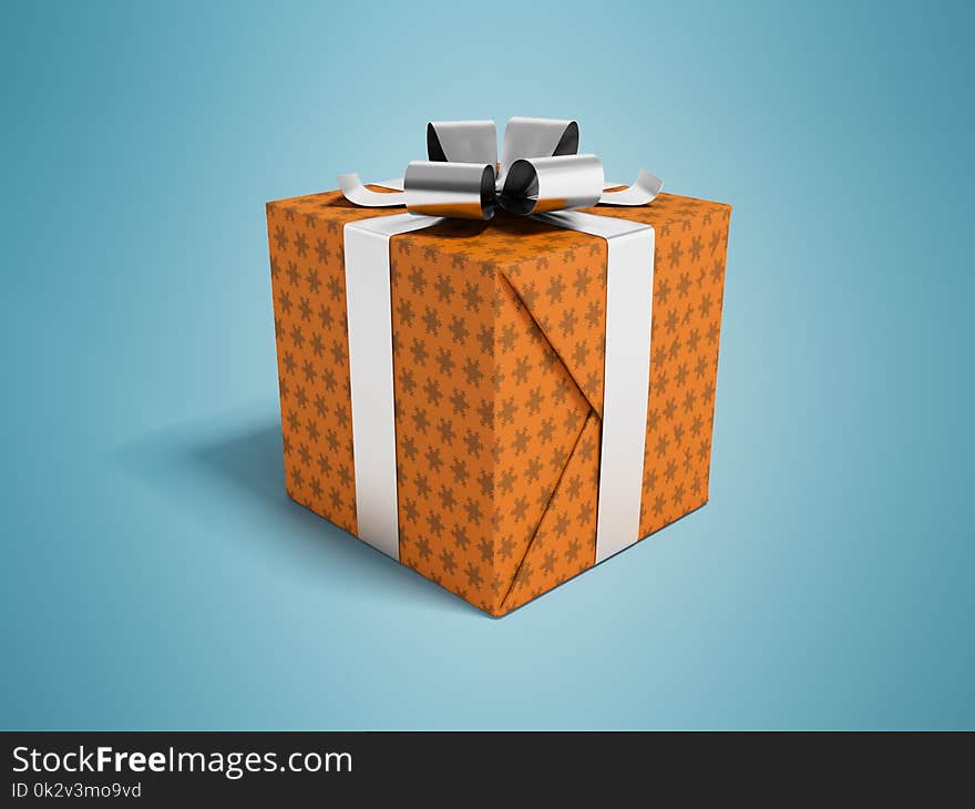 Gift in orange paper with bow and ribbons 3d rendering on blue b