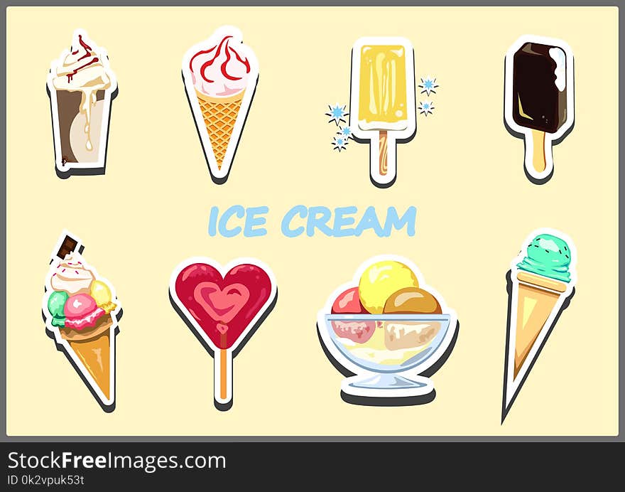 Set of different types and flavors of ice cream. Illustration in the form of a sticker.