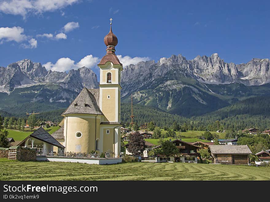 Going, idyllic village in Tyrol with the peaks of the Wilder Kaiser. Going, idyllic village in Tyrol with the peaks of the Wilder Kaiser