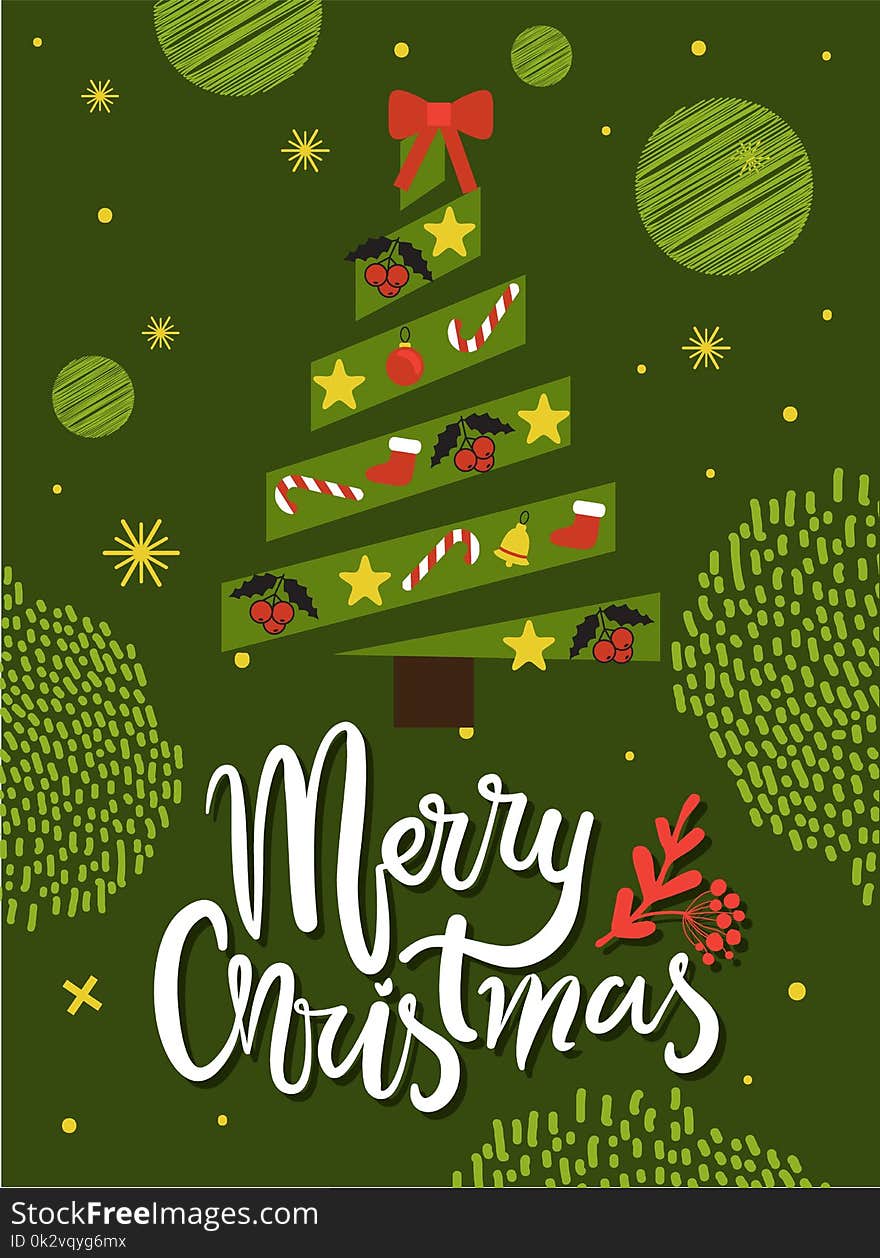 Merry Christmas greeting card with abstract xmas tree made of ribbons and decorated be new year symbols, circular figures vector on green background. Merry Christmas greeting card with abstract xmas tree made of ribbons and decorated be new year symbols, circular figures vector on green background