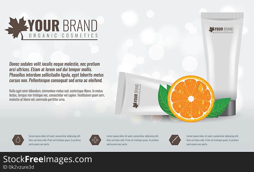 Vector illustration of Beautiful hydrating facial cream with citrus fruit, green leaf and water drops on it. Cosmetic ads on bubble background. Illustrated vector.