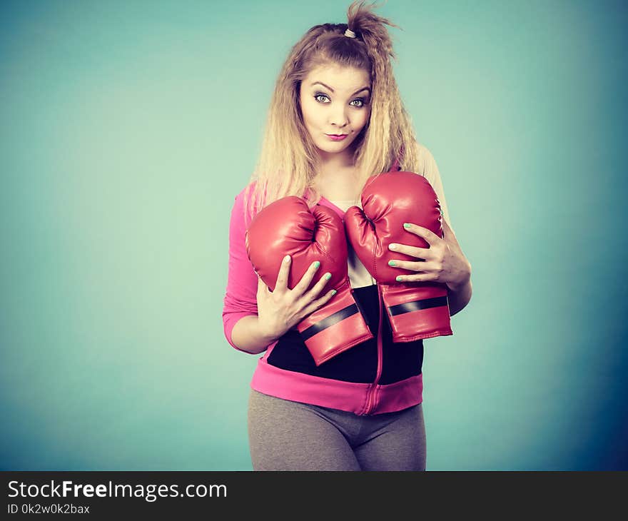 Funny Girl In Red Gloves Playing Sports Boxing