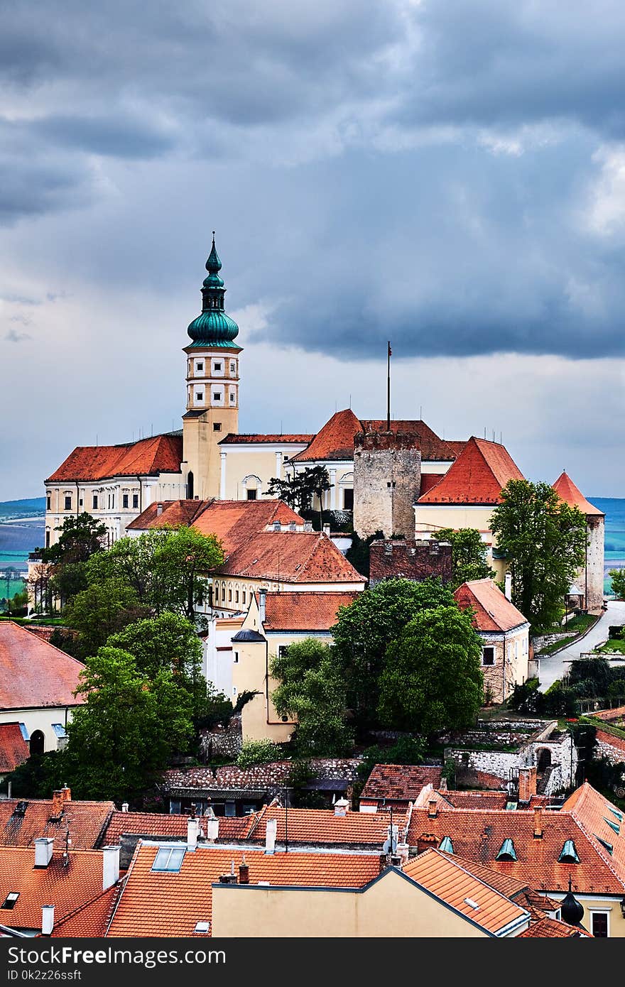 Mikulov castle or Mikulov chateau on top of rock colorful panorama view over rooftops on the city.South Moravia.Czech republic