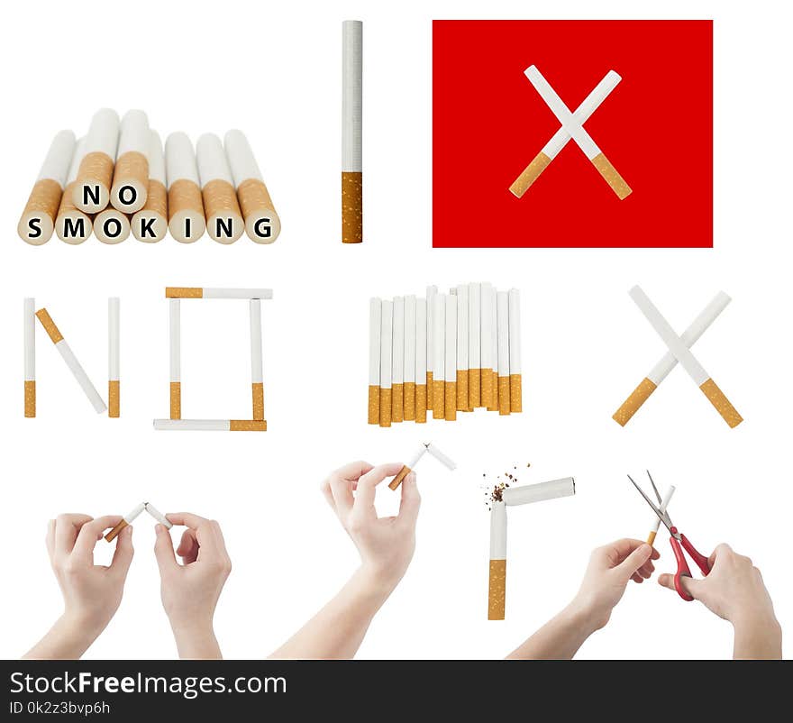 Set of broken cigarette and quit or no smoking concept