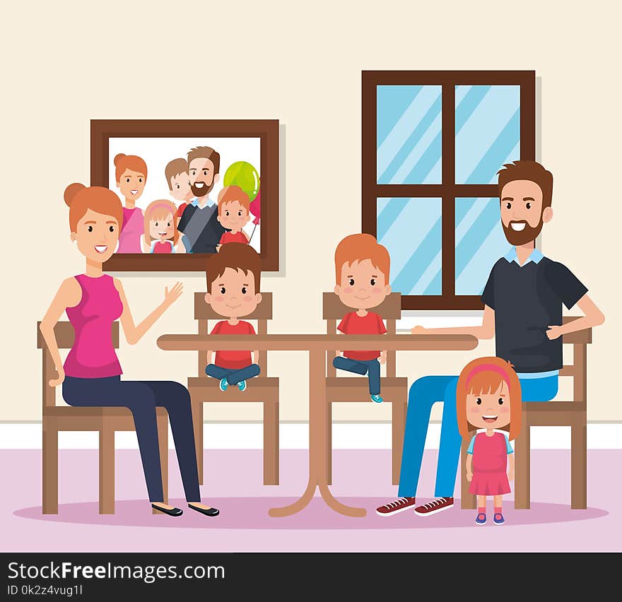 Cute family happy in the dining room characters vector illustration design