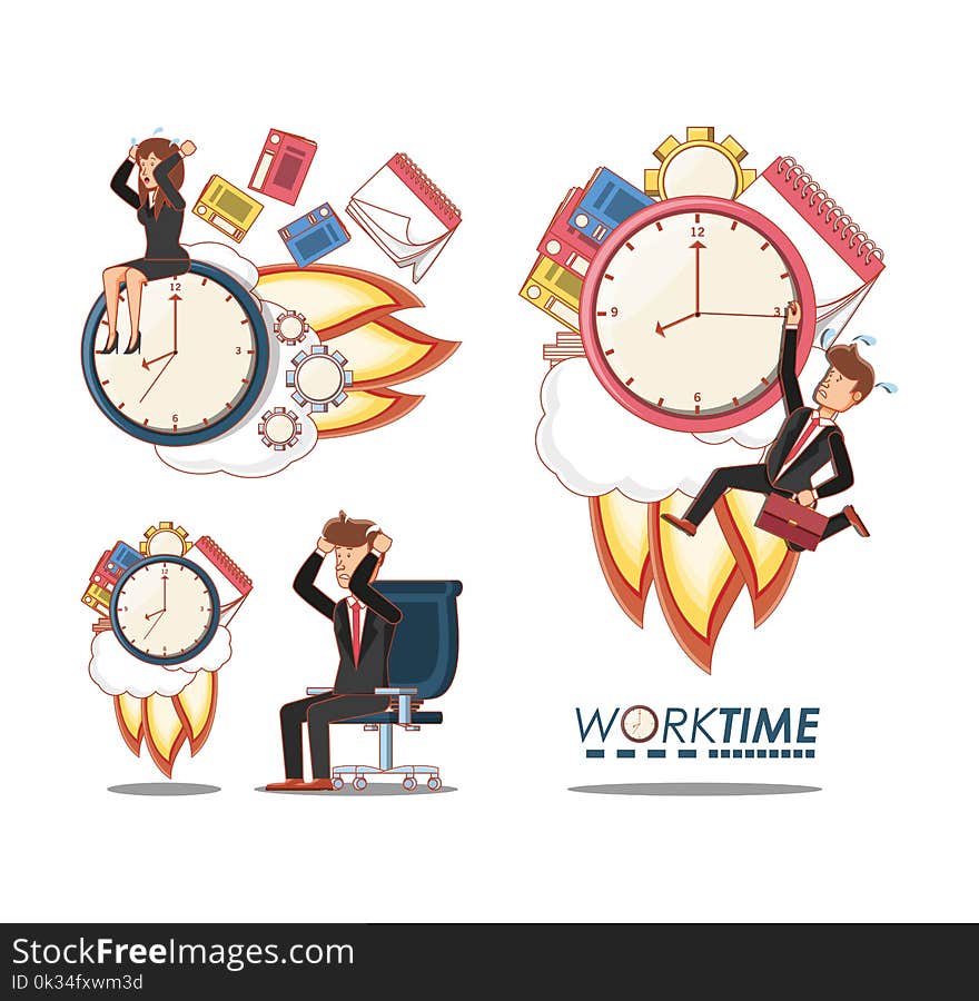 Businesspeople avatars with work time elements