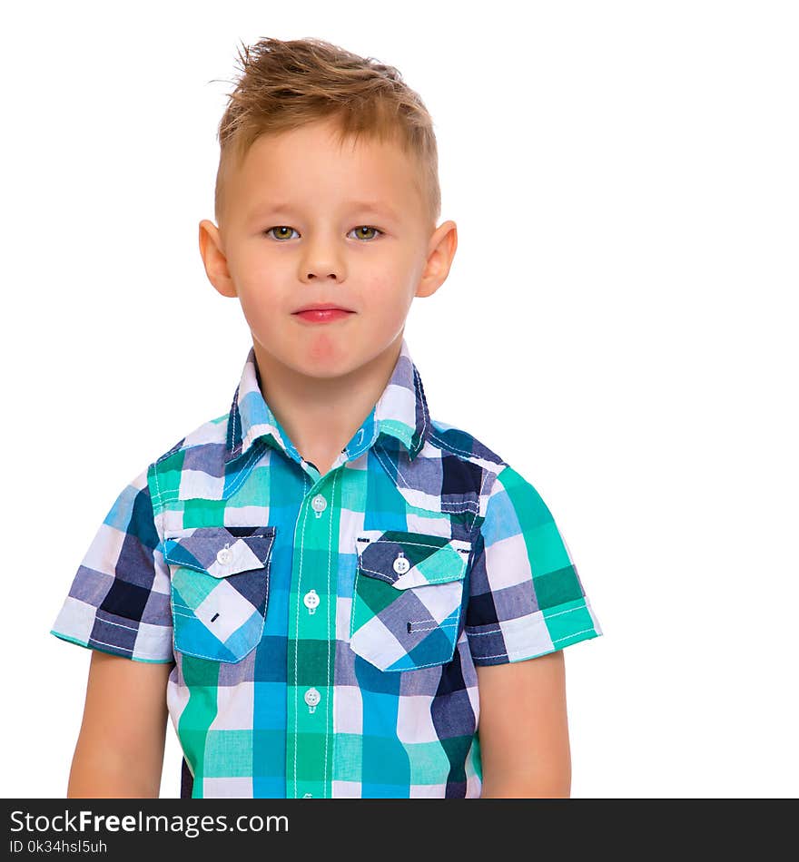 Cute little boy studio portrait close-up. The concept of a happy childhood, advertising goods. Isolated on white background. Cute little boy studio portrait close-up. The concept of a happy childhood, advertising goods. Isolated on white background.