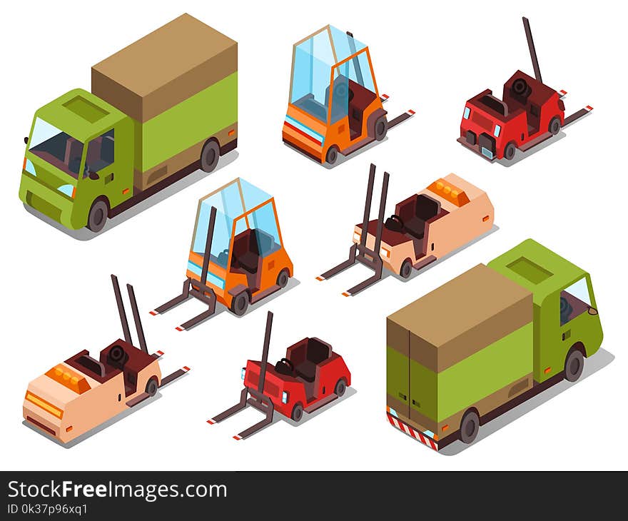 Isometric loader trucks vector illustration isolated icons of warehouse forklift trucks and logistics trailers. Isometric transport collection of industrial cars for cargo loading and transportation