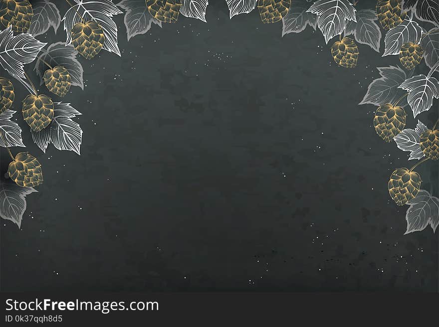 Retro engraving style background, decorative hops and leaves on blackboard background