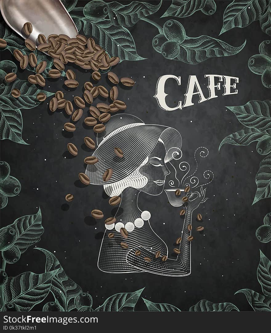 Elegant lady drinking coffee, engraving style leaves and coffee cherries frame on chalkboard background, coffee shovel in 3d illustration