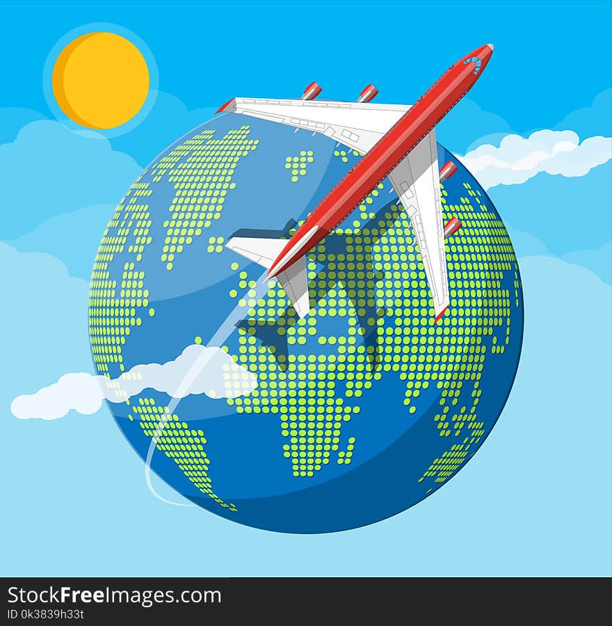 Airplane top view. Passenger or commercial jet. Globe in dots. Cartography and geography. Sun, sky, clouds. Aircrfat lat style. Journey or vacation, business trip. Vector illustration. Airplane top view. Passenger or commercial jet. Globe in dots. Cartography and geography. Sun, sky, clouds. Aircrfat lat style. Journey or vacation, business trip. Vector illustration