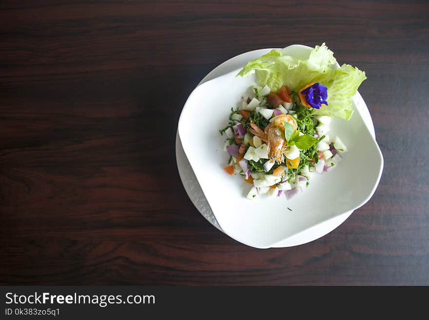 Vegetable Salad With Shrimp on White Plate