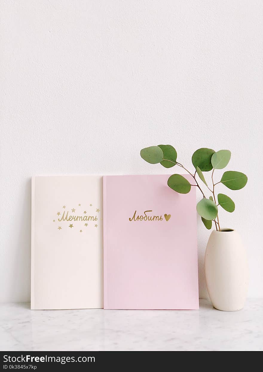 Green Leaf Plant Beside Two Pink and White Notebooks