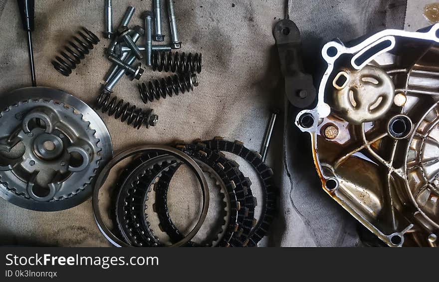 A tools and spare part component of motorcycle. Close up and from top view