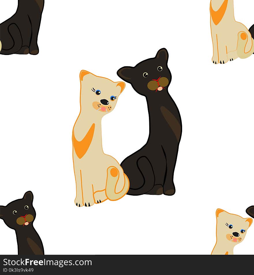 Seamless pattern. A pair of slender cats on a white background. Vector illustration