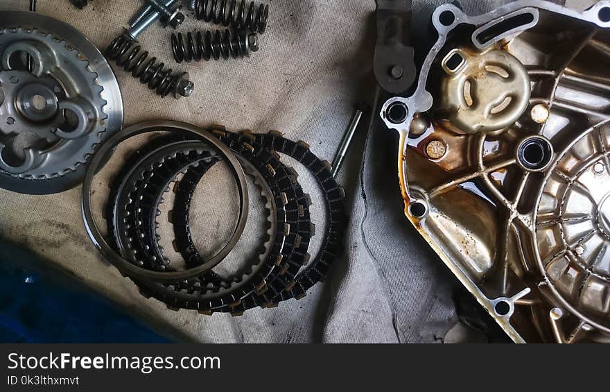 A tools and spare part component of motorcycle. Close up and from top view