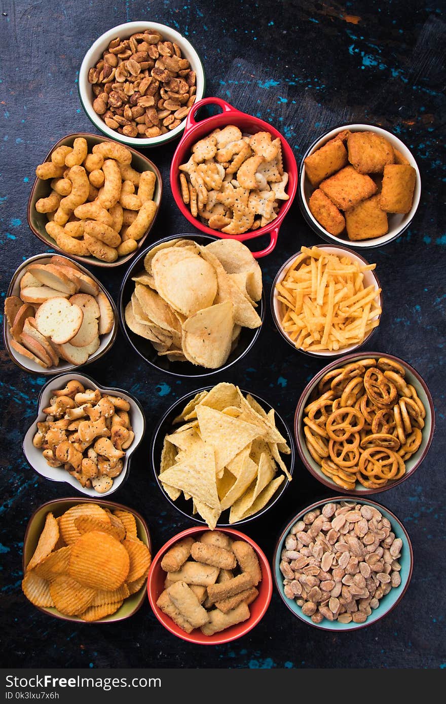 Salty snacks served in bowls