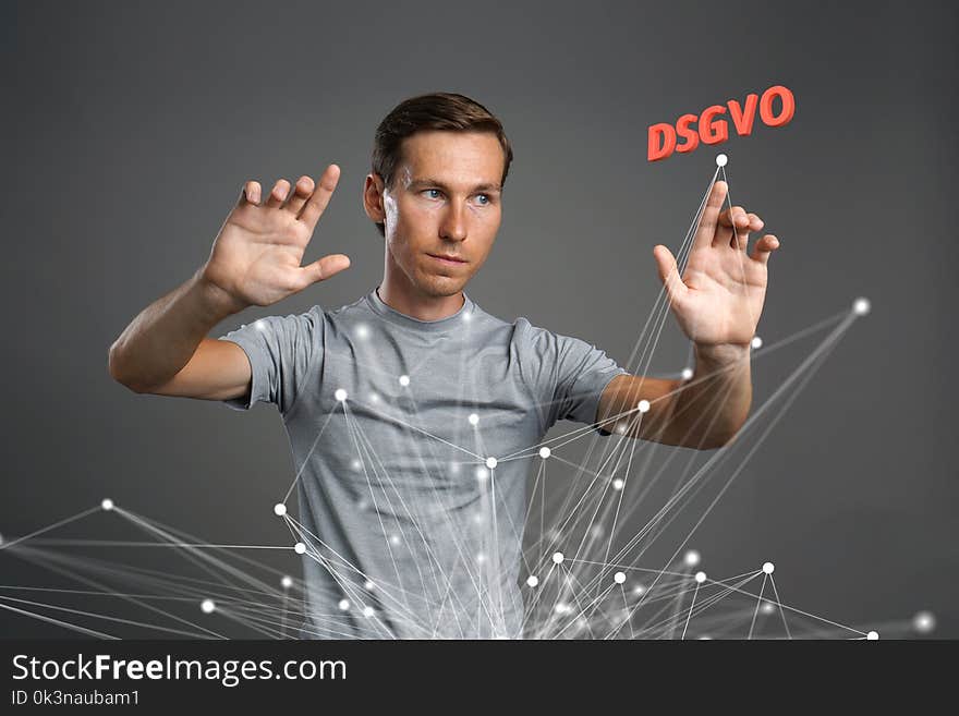 DSGVO, german version of GDPR, concept image. General Data Protection Regulation, protection of personal data. Man